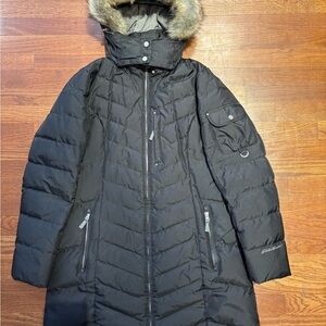 Eddie Bauer Black Down Hooded Parka Puffer Jacket with Faux Fur Hood